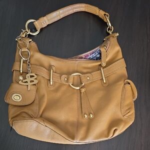 B. Makowsky Tan Leather Shoulder Bag with Gold Accents